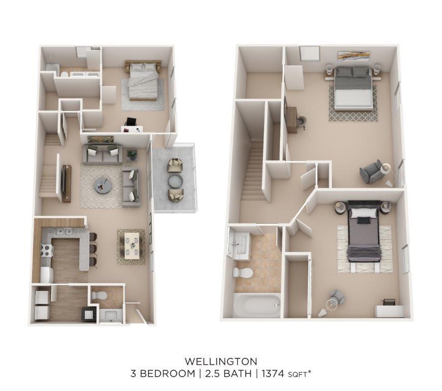 Floor Plan - Three Bedroom 2.5 Bath Townhome