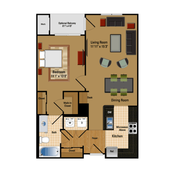 Floor Plan - 1 Bed, 1 Bath 711 SF A1