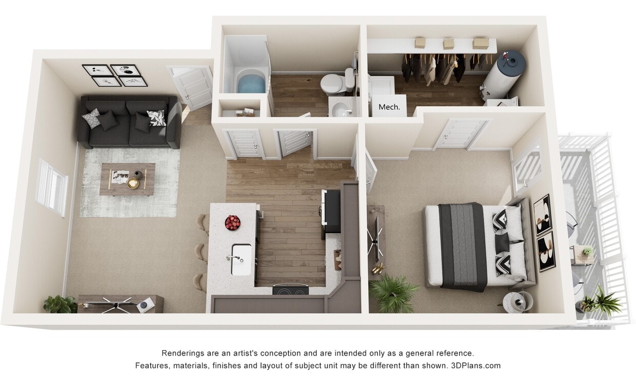 Floor Plan - 1 Bedroom Second Level - 680sf