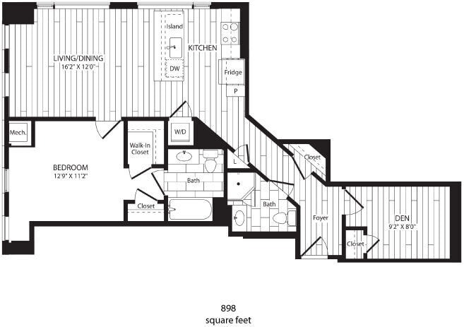 1x1 w/Den - One Bedroom Den | 898