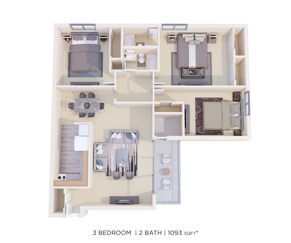 Floor Plan - Three Bedroom 2 Bath - 1,093 sqft