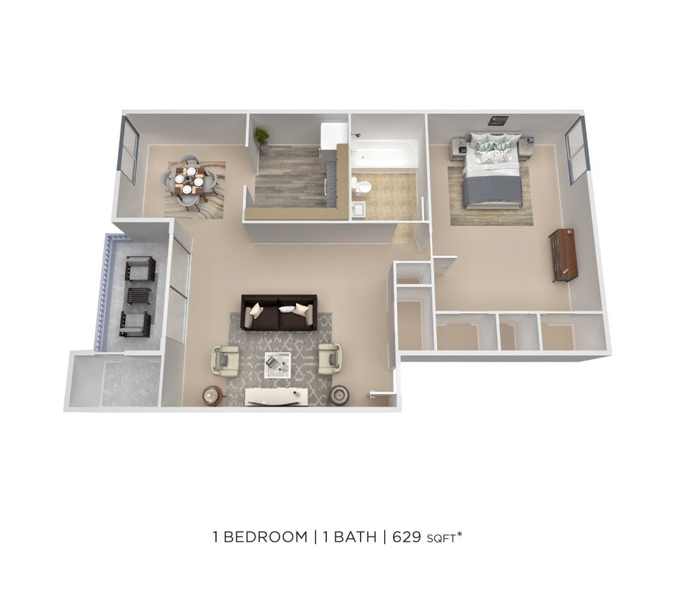 Floor Plan - One Bedroom - 629 sqft