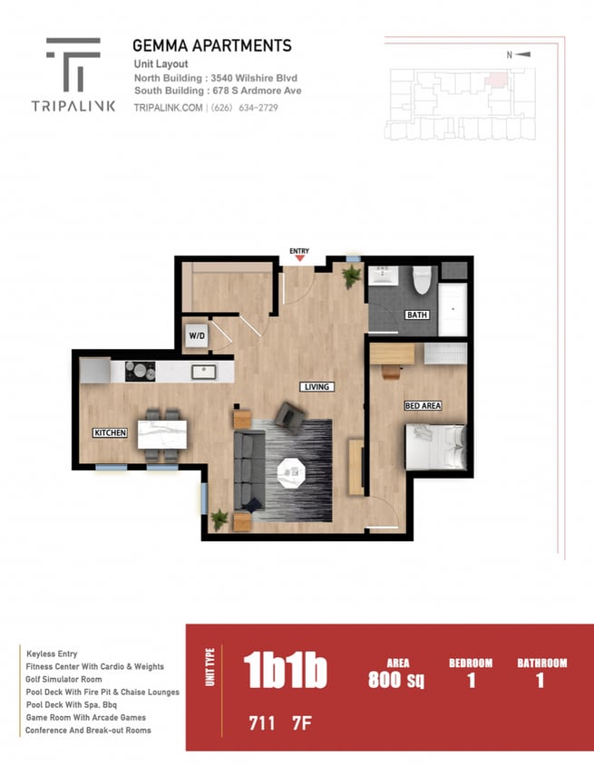 Floor Plan - 1 Bed 1 Bath - 800 sqft