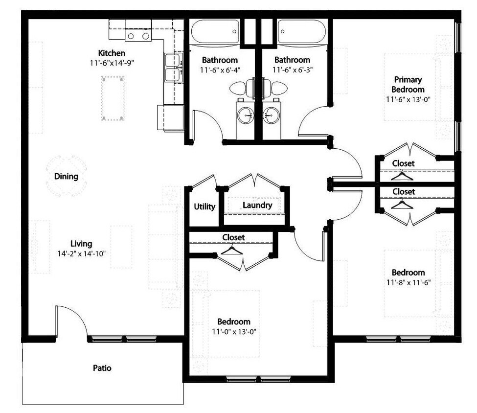 Floor Plan - 3-2 BR Retreat Courtyard