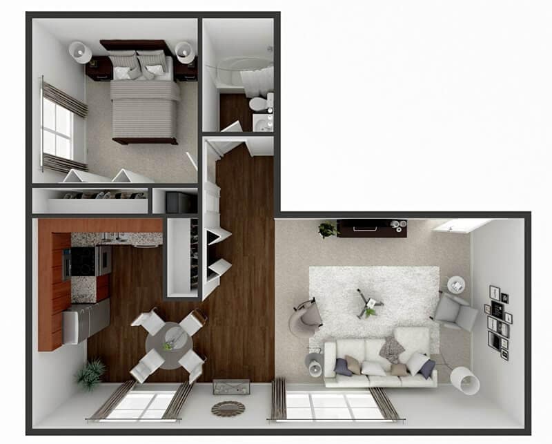 Floor Plan - L Shape 1 Bedroom 1 Bath 700 sq ft