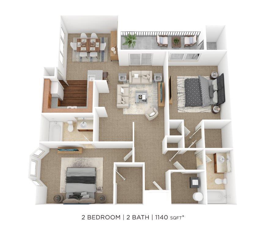 Floor Plan - Two Bedroom 2 Bath- 1,140 sqft