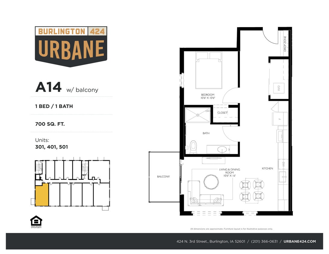 1 Bedroom Model A14 Floor Plan - A14 - 1 Bed / 1 Bath 
