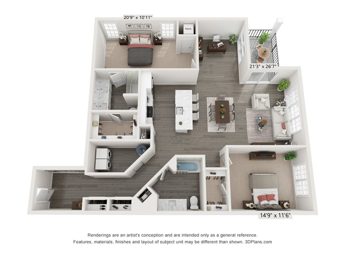 Floor Plan - 2 Bedroom 2 Bath - 1534