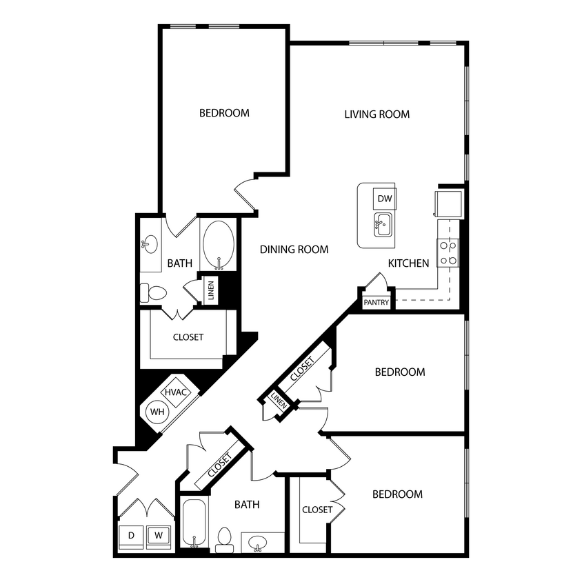 Floor Plan - 3 Bedroom, 2 Bath 1482 SF KD2