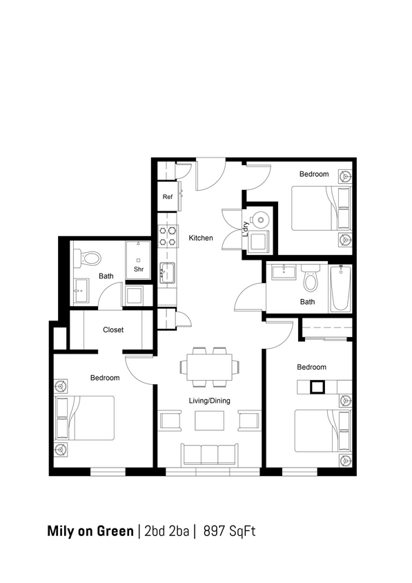 Floor Plan - 2B2B-I 897sf