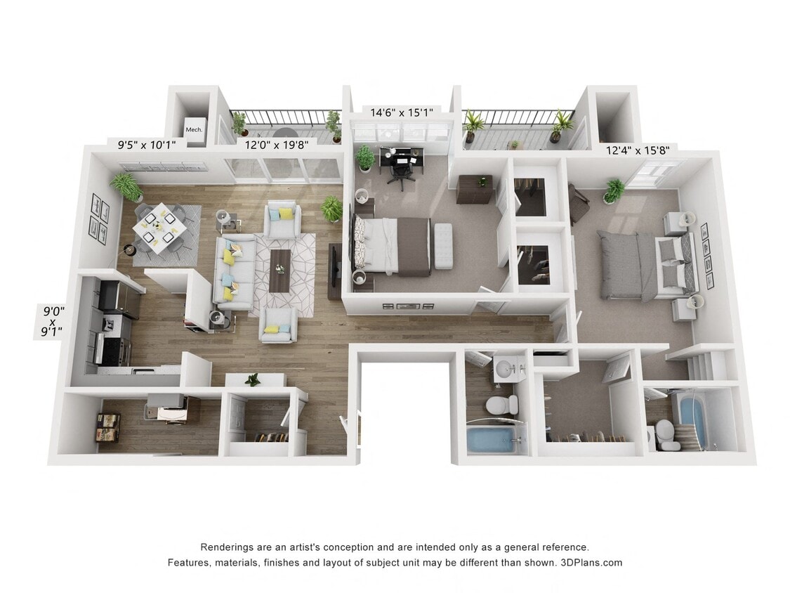 Floor Plan - Q - 2BR 2BA (1240sf)