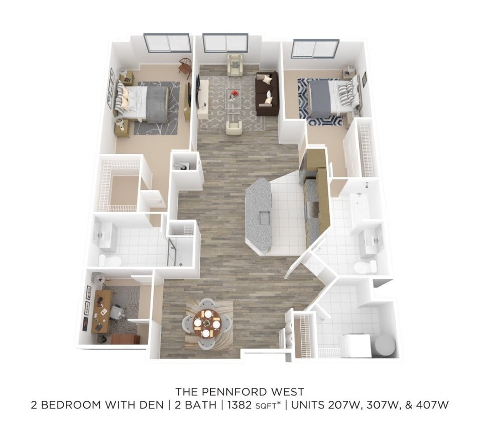 Floor Plan - Two Bedroom 2 Bath w/ Den-1382 sqft