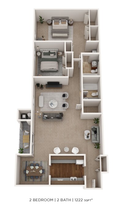 Floor Plan - Two Bedroom 2 Bath - 1,222 sqft