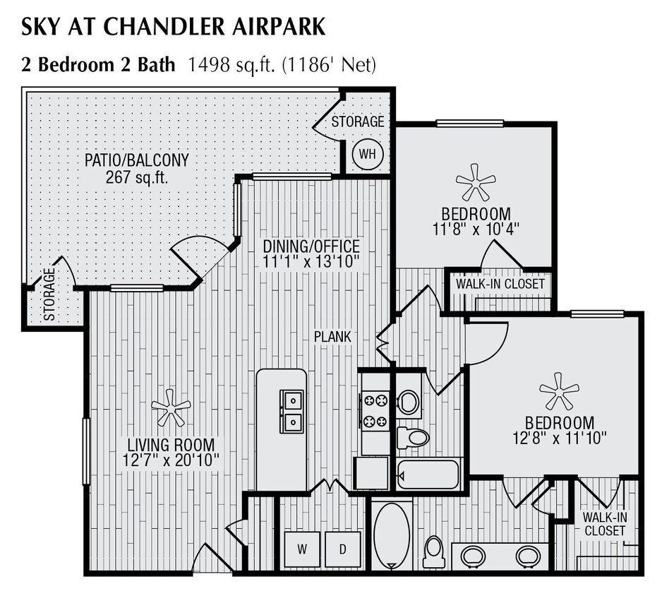 Floor Plan - 2 Bed 2 Bath 1498 SqFt (1186 Net) 