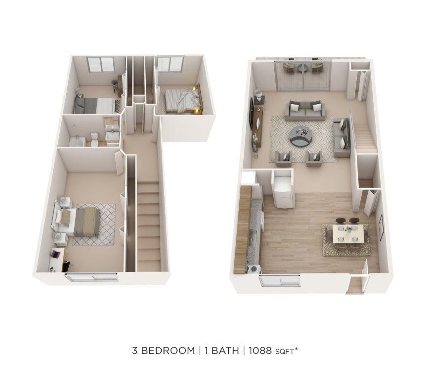 Floor Plan - Three Bedroom Townhome - 1,088 sqft
