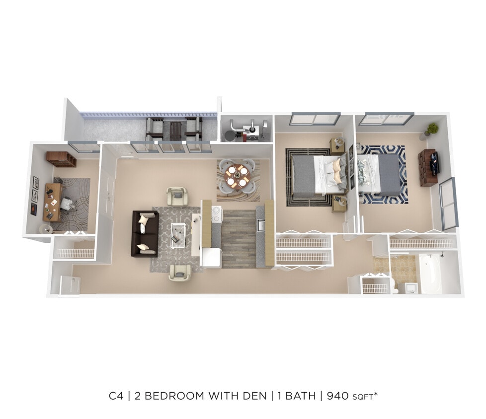 Floor Plan - Two Bedroom w/ Den - 940 sqft