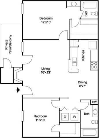 Floor Plan - Dover  2BR 2BA 864 sq ft