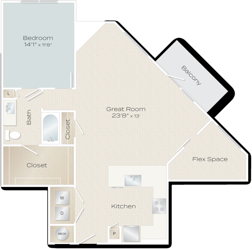 Curve Floor Plan 1 bedroom 1 bath with den and balcony - Curve