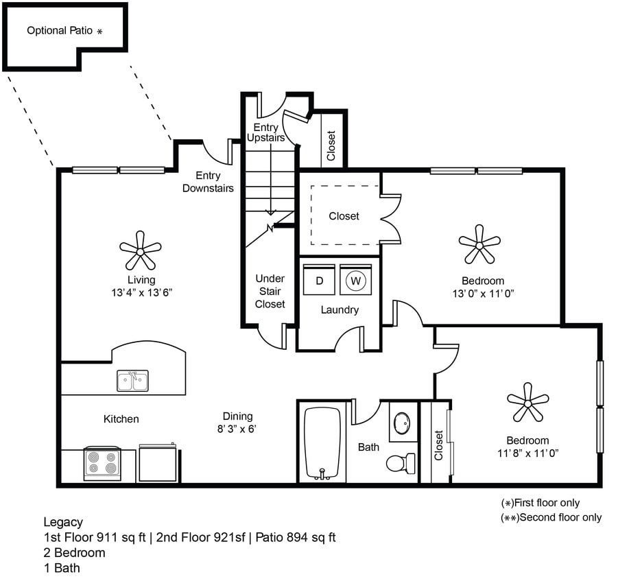 Legacy 911 sq ft 2 bedrooms 1 bath - Legacy