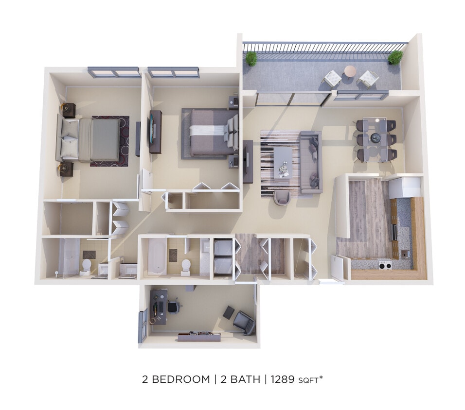 Floor Plan - Two Bedroom 2 Bath w/ Den - 1,289 sqft