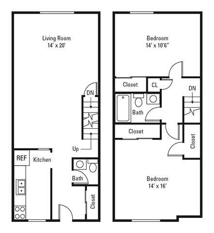 Floor Plan - 2 Bedroom, 1.5 Bath Townhome 933 sq. ft.