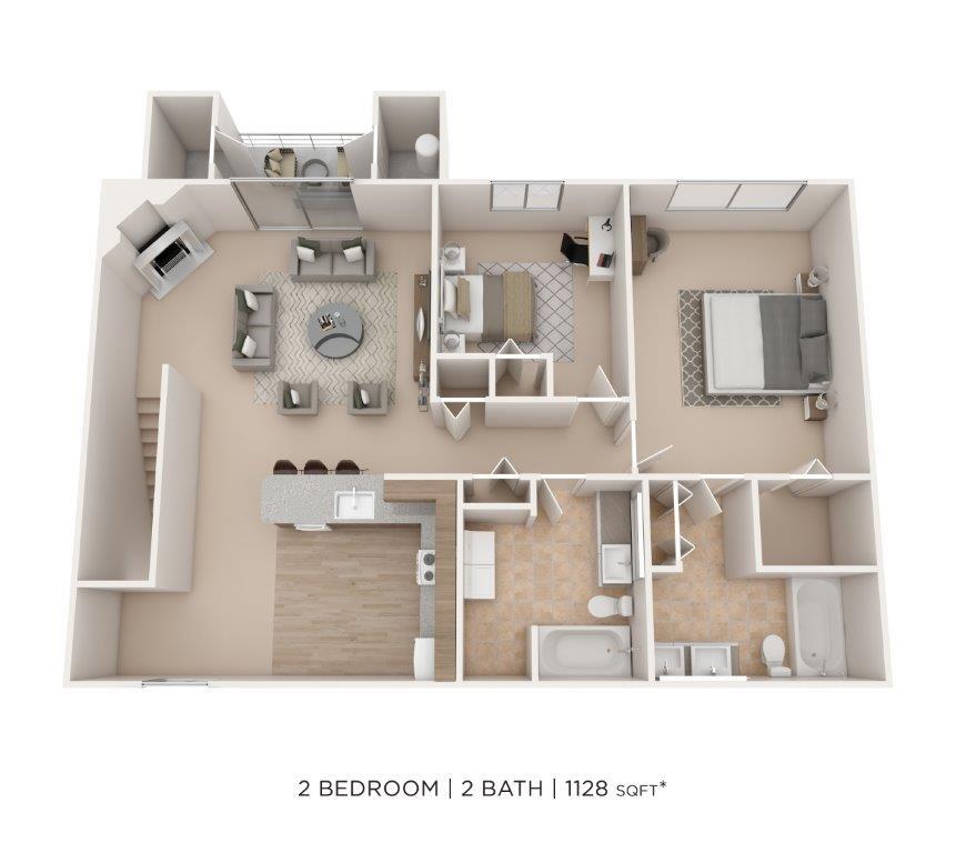 Floor Plan - Two Bedroom 2 Bath - 1,128 sqft