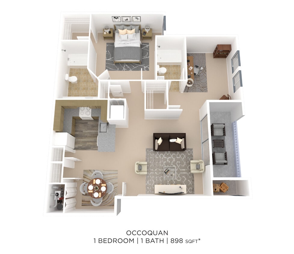 Floor Plan - One Bedroom 2 Bath w/ Den - 898 sqft