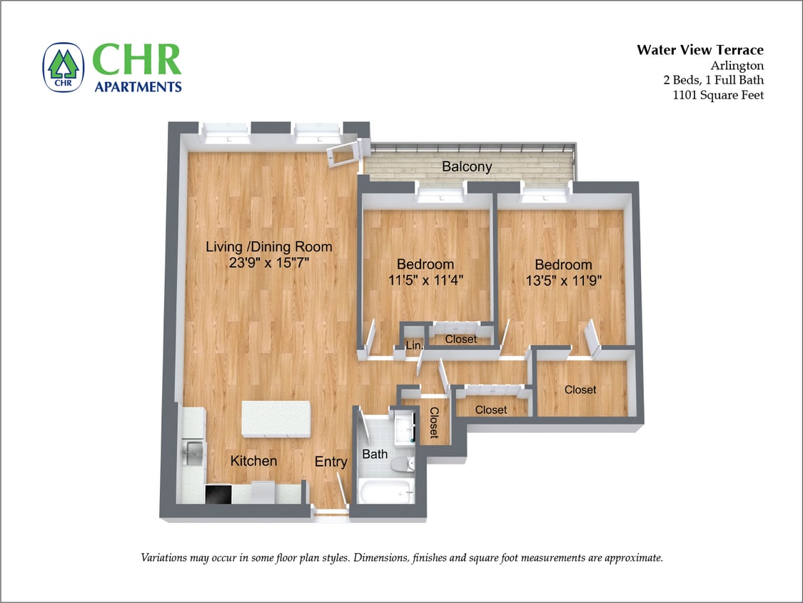 Floor Plan - 2 Bed/1 Bath with Balcony and A/C