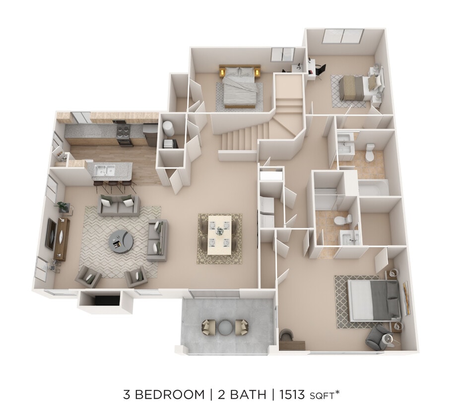 Floor Plan - Three Bedroom 2 Bath- 1513 sqft