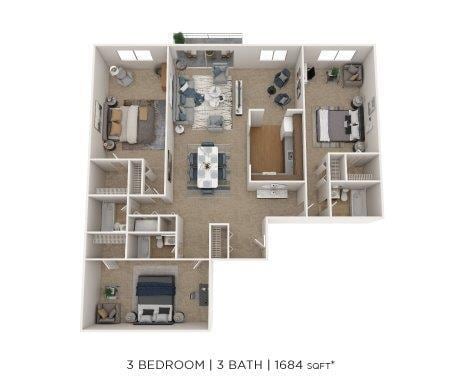 Floor Plan - Three Bedroom 3 Bath - 1,684 sqft