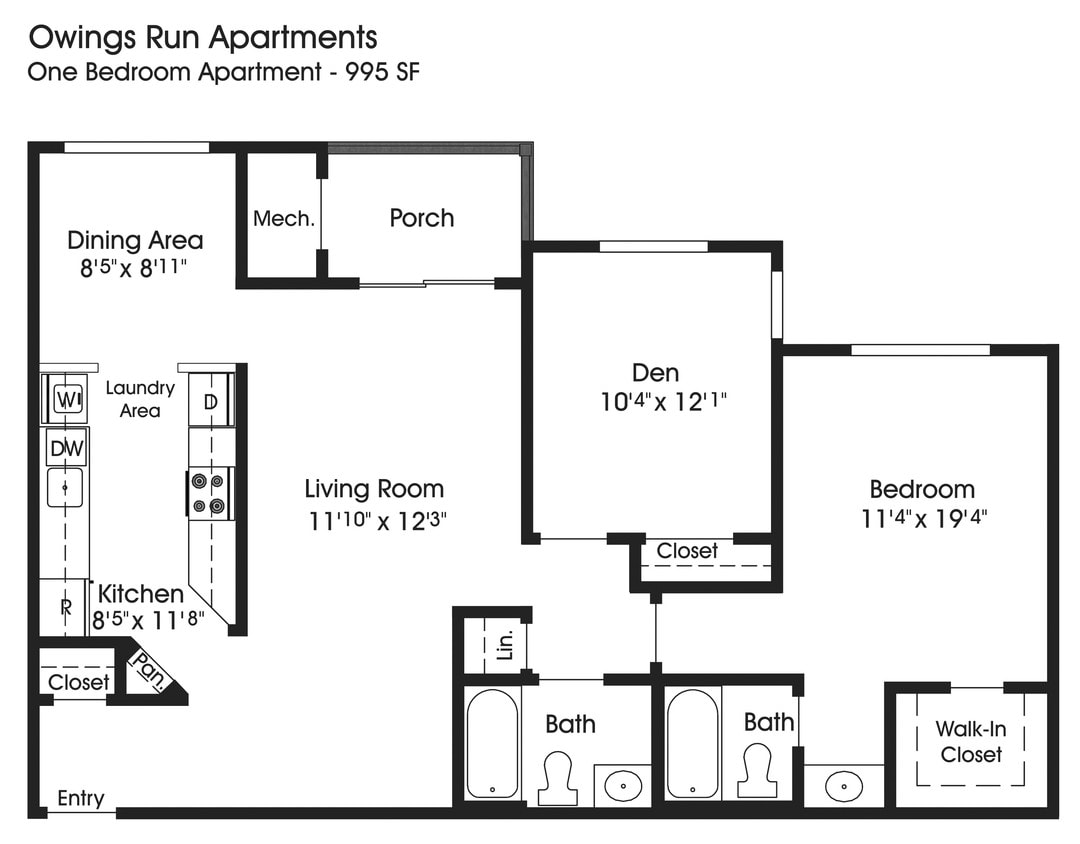 Floor Plan - 1BR 2BA w/Den  (995sf)