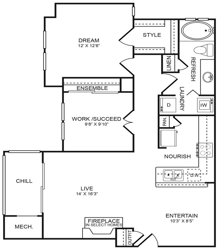 Floor Plan - 2 Bedroom, 1 Bathroom, Garage 956 SF 21G