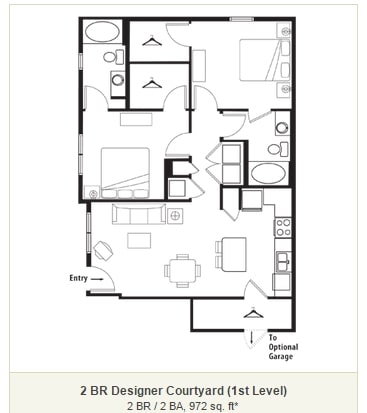 2 BR / 2 BA, 972 sq. ft - 2 BR Designer Courtyard