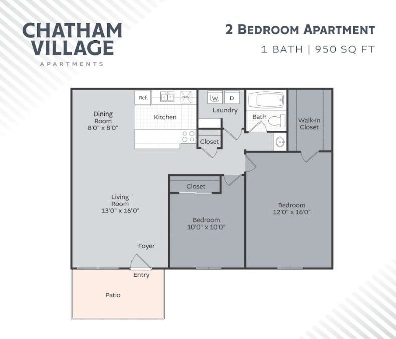 2BR 1BA 950 SF - 2 Bedroom