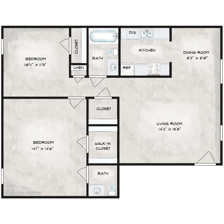 Floor Plan - 2 Bed 1.5 Bath Apartment