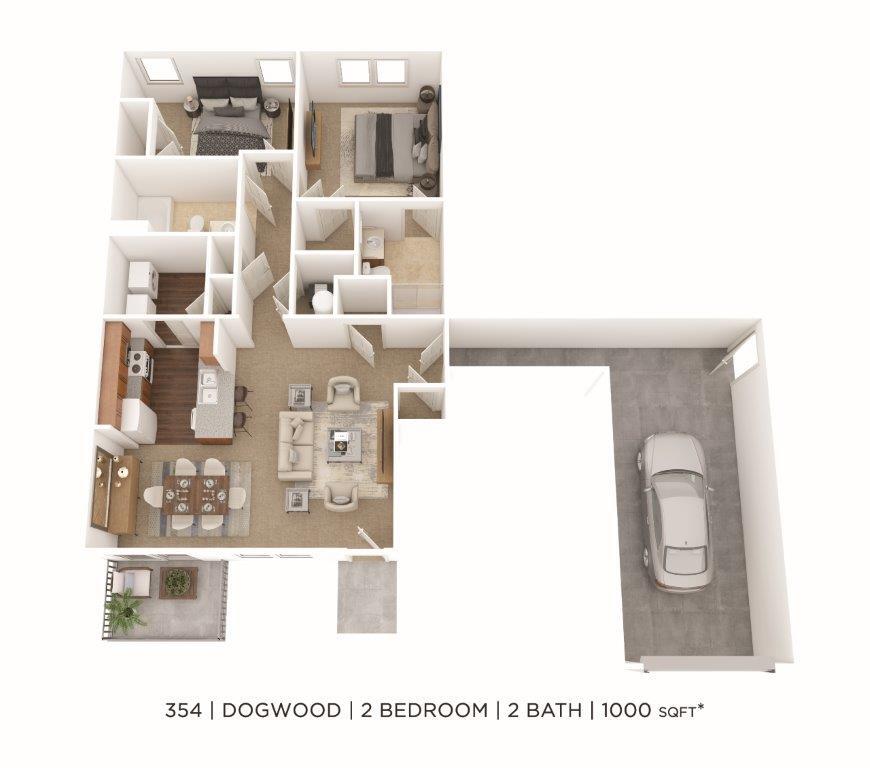 Floor Plan - Two Bedroom 2 Bath- 1,000 sqft