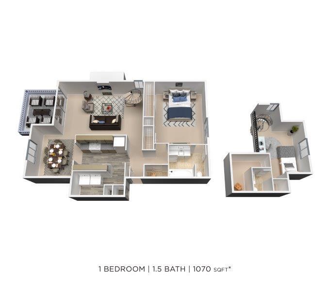 Floor Plan - One Bedroom 1.5 Bath - 1,070 sqft