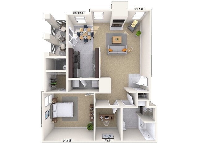 1 bed 1 bath Hampton Court floor plan - 1x1