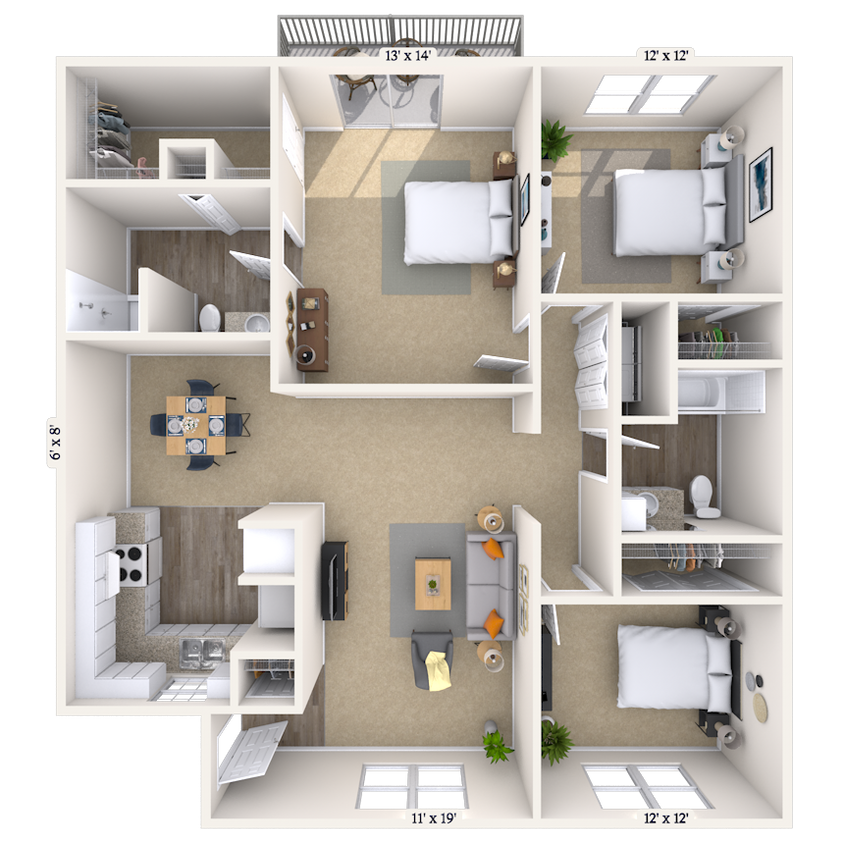 Floor Plan - 3BR 2BA (1200 SF)