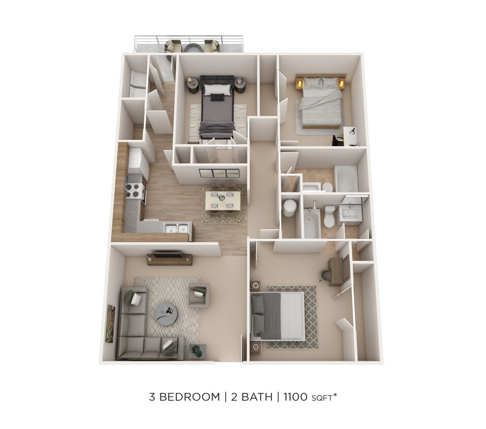 Floor Plan - Three Bedroom 2 Bath- Alexander Station 1100 sqft