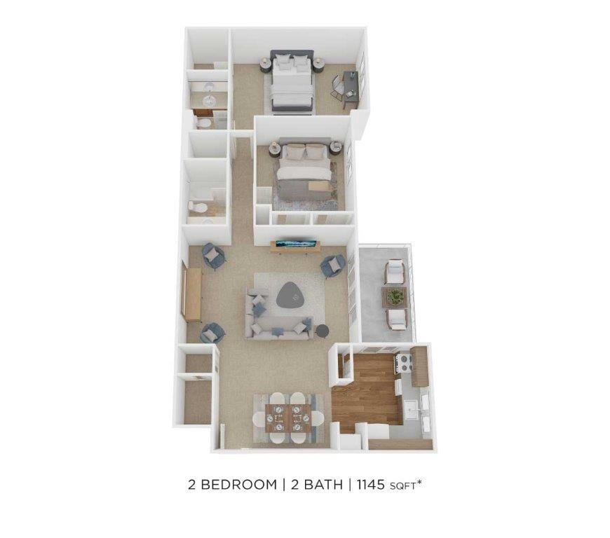 Floor Plan - Two Bedroom 2 Bath - 1,145 sqft