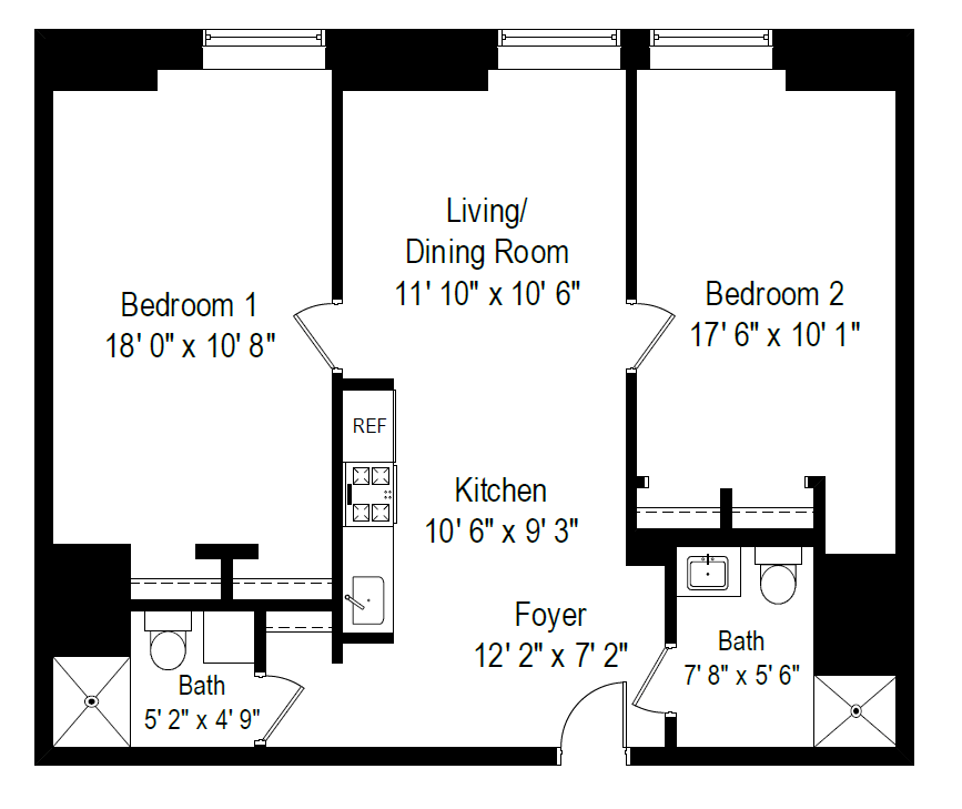 Floor Plan - 2 Bed,  2 Bath - Style D