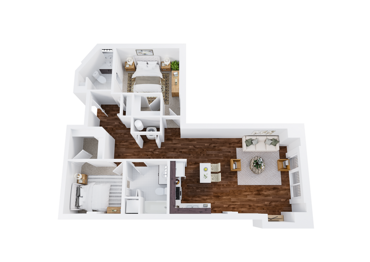 Two-Bedroom, Two-Bathroom Floor Plan Rendering - 2x2