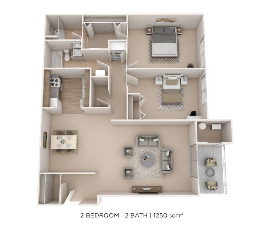 Floor Plan - Two Bedroom 2 Bath- 1265 sqft