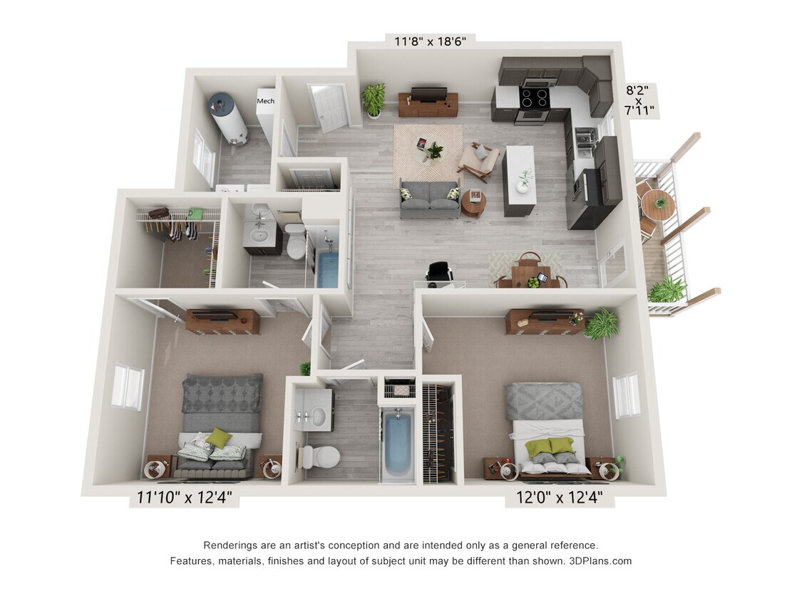 Floor Plan - 2 Bedroom, 2BA Second Level