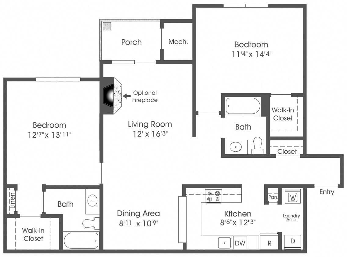 Floor Plan - 2BR 2BA (1090sf)
