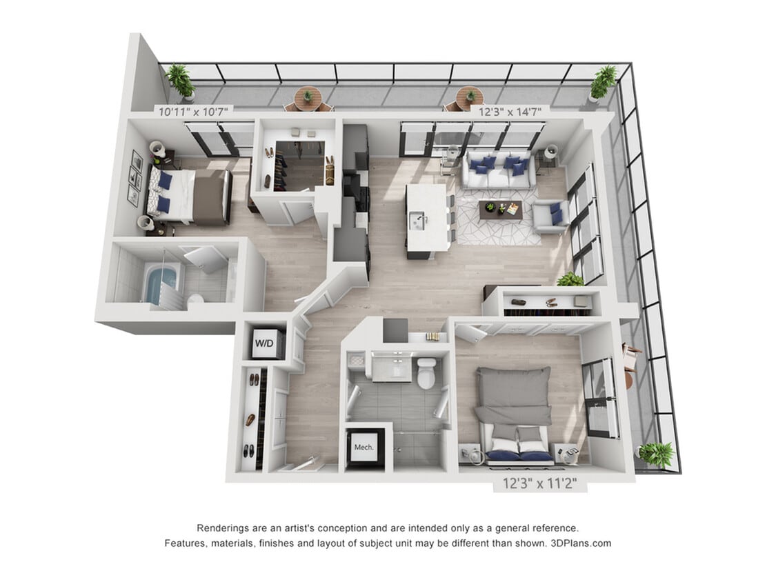 Two Bedroom Two Bath Penthouse (1,111 SF) - Two Bedroom Two Bath Penthouse (1,111 SF)