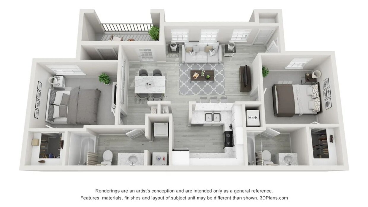 A 3D floor plan rendering of our 2 bedroom apartment - The Independence