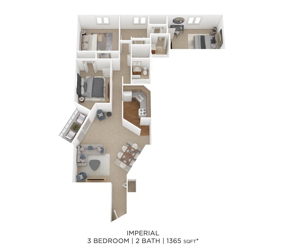 Floor Plan - Three Bedroom 2 Bath- 1,365 sqft