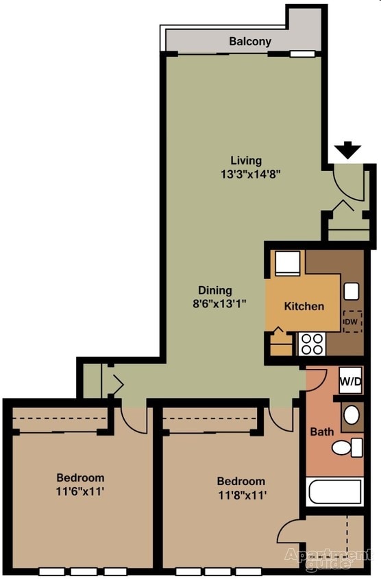 2BR/1BA - 2 Bedroom, 1 Bathroom 